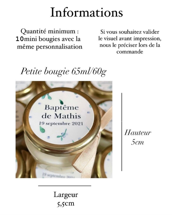 Petite bougie personnalisée cadeaux invités mariage-baptême 65ml