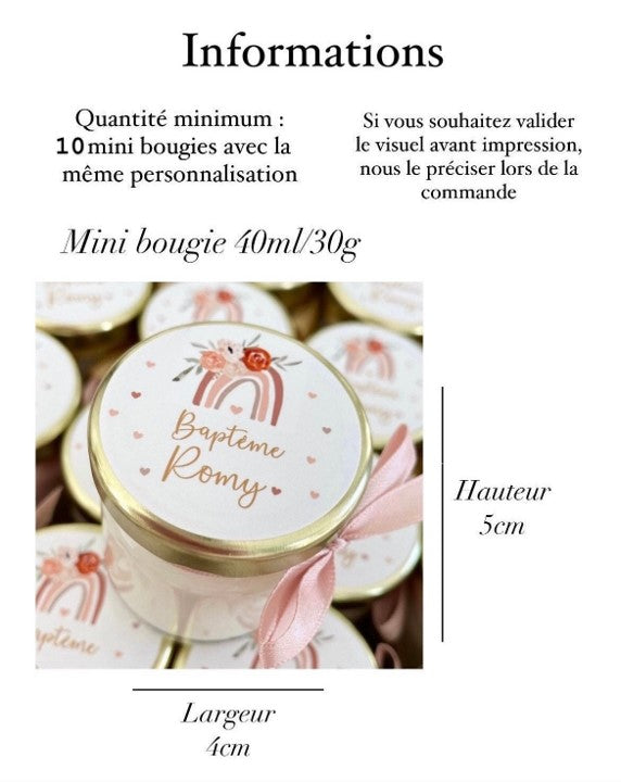 Mini bougie personnalisée cadeaux invités baptême-anniversaire-babyshower fille 40ml