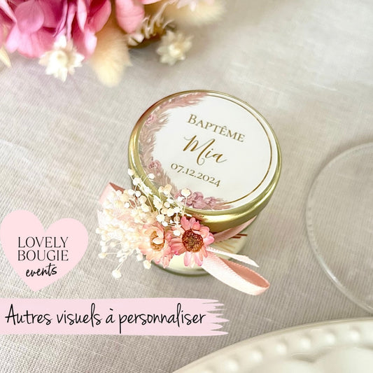 Mini bougie personnalisée cadeaux invités baptême-anniversaire-babyshower fille 40ml - Fleur séchées