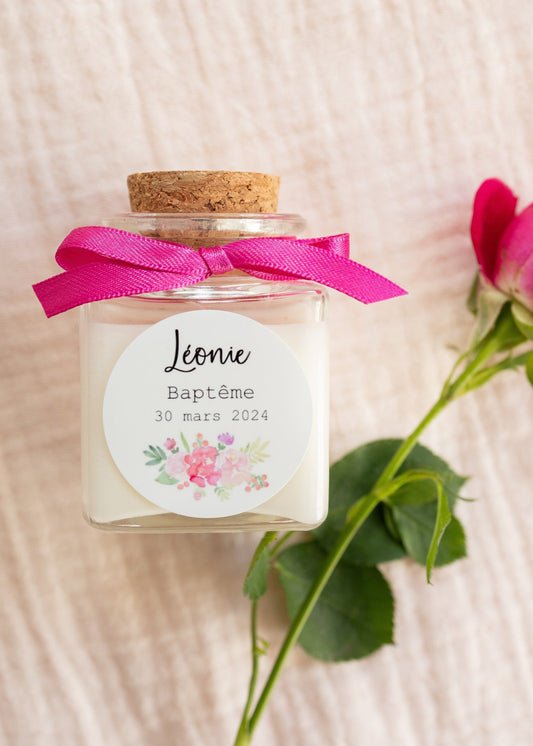 Petite bougie carré personnalisée fleurs séchées - cadeau invité mariage-baptême-anniversaire